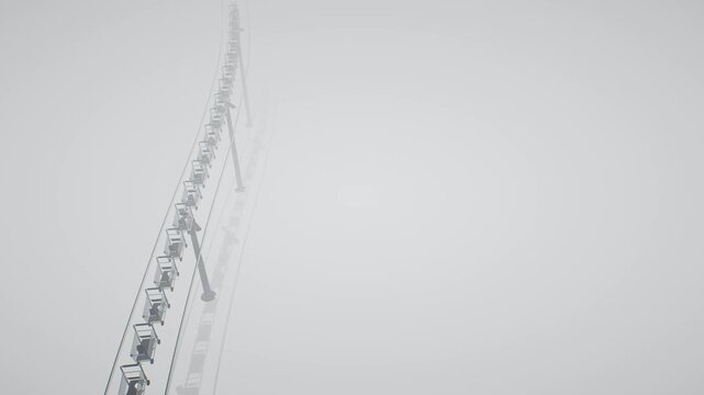 Shopping carts moving continuously along a monorail track through dense white fog in a minimalist 3D animation