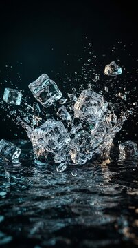 Dynamic Ice Cubes Splashing into Water on a Dark Background. Crystal Clear Frozen Droplets and Refreshing Splashes for Beverage Concepts and Digital Art.