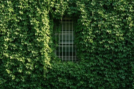 Green vines engulf a barred window, sunlight dappling the foliage