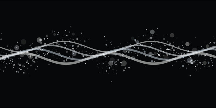 Abstract white wavy lines with sparkling particles on black background for digital design concepts