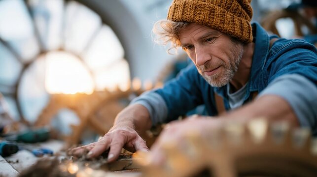 A skilled craftsman meticulously works on intricate mechanical gears under the warm glow of a sunset, showcasing passion and dedication in his craftsmanship.