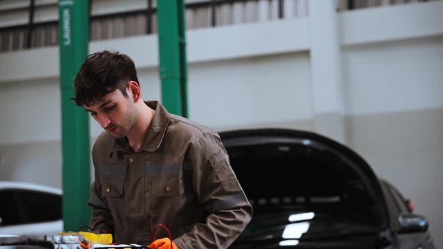 Automotive Technician Inspecting Vehicle Components in Professional Auto Repair Shop. Automotive technician wearing protective gloves inspecting vehicle components inside a professional auto repair wo