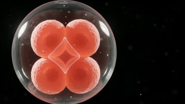 Microscopic 3D animation of a human embryo at the four-cell stage of development during mitosis.
