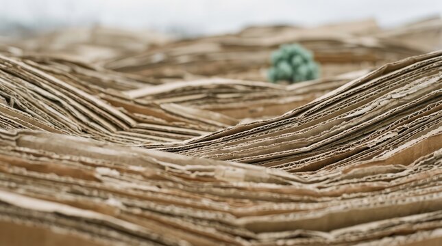 Stacked corrugated cardboard sheets forming landscape with small green plant. Concept of sustainable packaging and eco conscious shopping habits.