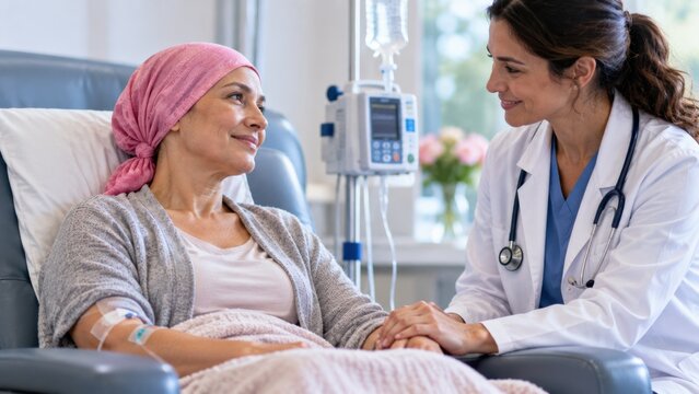 Kind female doctor holds hand of patient wearing pink headscarf during chemotherapy session in hospital room.