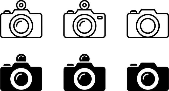 Six camera icons in outline and solid fill showing front view on white background