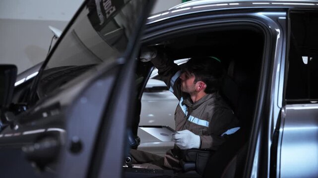 Automotive Technician Inspecting Vehicle Interior and Electrical Components During Car Repair. Automotive technician working inside a vehicle while inspecting electrical and mechanical components, rep