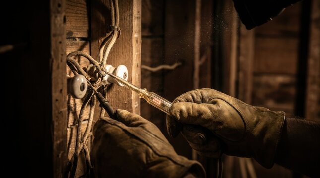 Electrician tests old knob and tube wiring junction with a voltage tester inside an open home wall cavity.