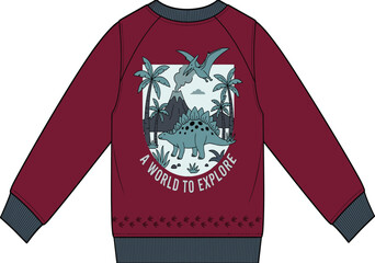 Back view of kids maroon sweatshirt with dinosaur graphic flat sketch technical vector illustration. © Khademul