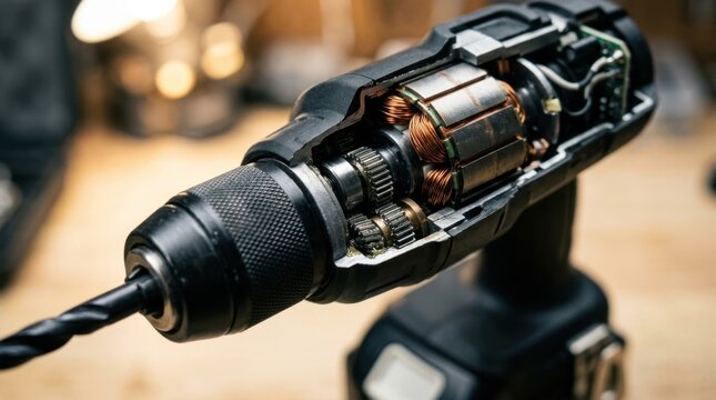 Cutaway view of a cordless drill brushless motor showing copper windings and gear train mechanism