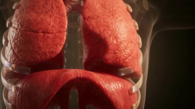 Close-up cinematic 3D medical animation of human lungs and diaphragm for healthcare education.