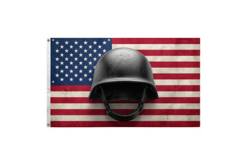 Fototapeta premium Black Military Helmet in Front of United States Flag