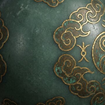 Seamless texture of antique bronze patina surface with golden auspicious cloud ornaments, traditional oriental style PBR background.