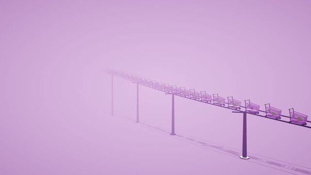 Row of pink shopping carts traveling on a high elevated monorail fading into lavender mist in a surreal 3D animation