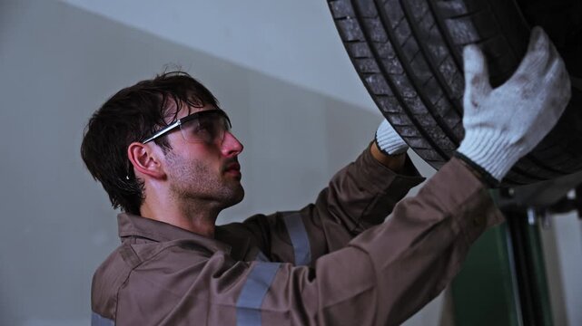Automotive Mechanic Inspecting Vehicle Wheel and Suspension Components in Repair Workshop. Automotive mechanic inspecting wheel and suspension components inside a professional repair workshop, represe