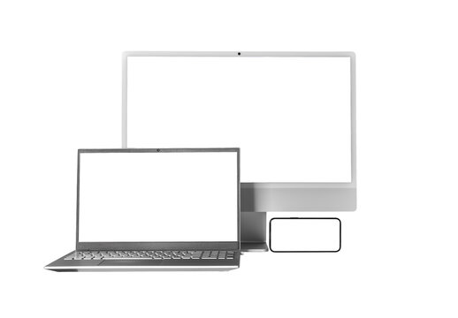 Isolated responsive multi device group template with computer laptop and smartphone. Desktop monitor