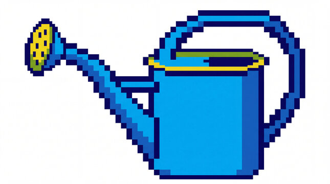Blue watering can pixel art illustration isolated on white