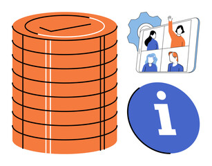 Stack of data coins, video conference call, and information icon vector illustration. Digital storage, remote teamwork, online meeting, database management, information access, connectivity. Cloud © Dmytro