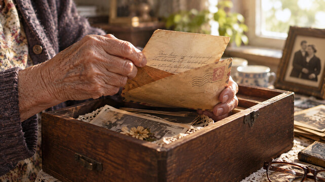 close-up of an elderly woman opening an old letter from a keepsake box, surrounded by photographs and memories, symbolizing nostalgia, family history, love and remembrance.