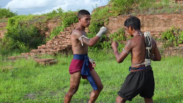 Muay Boran Fighters Sparring Outdoors at Ayutthaya Ruins