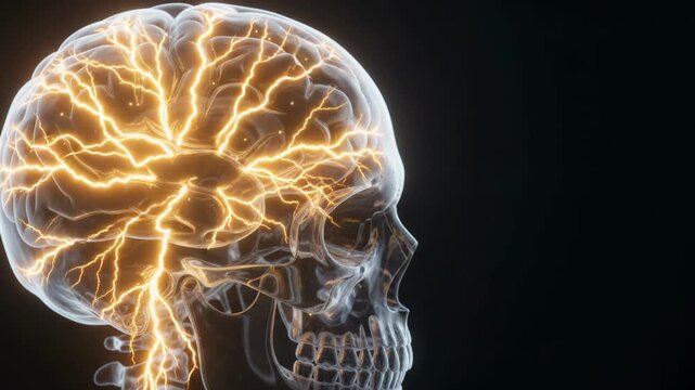 Side view of a translucent human skull with glowing neural activity in the brain for a scientific medical video clip.