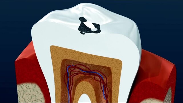 3D medical animation of a human tooth cross section showing internal structure and gum tissue