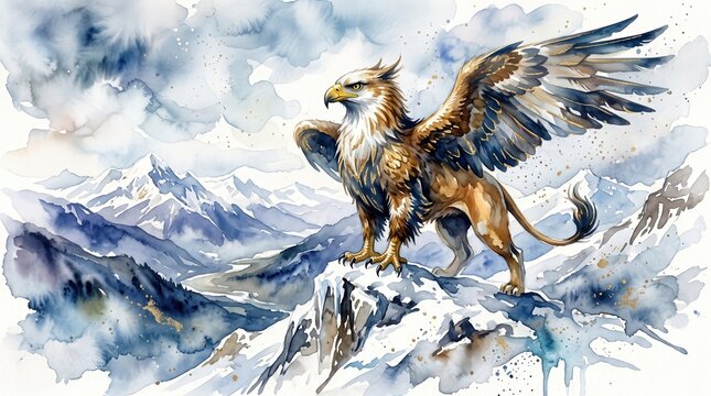 Watercolor illustration of a majestic griffin standing on a snowy mountain peak with wings spread