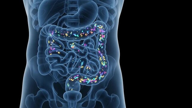 3D medical animation of colorful bacteria and probiotics moving through the human digestive system and intestines in a translucent torso.