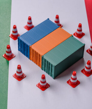 The cargo container ban on the Italian flag as a conceptual backdrop. Cargo container embargo
