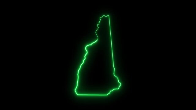 Neon green glowing outline map of new hampshire state, digital cartography animation