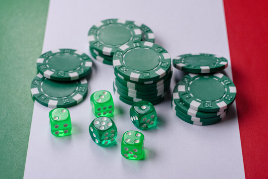 Playing cards, dice and chips on a table, a gambling game of blackjack. Cards, dice and chips