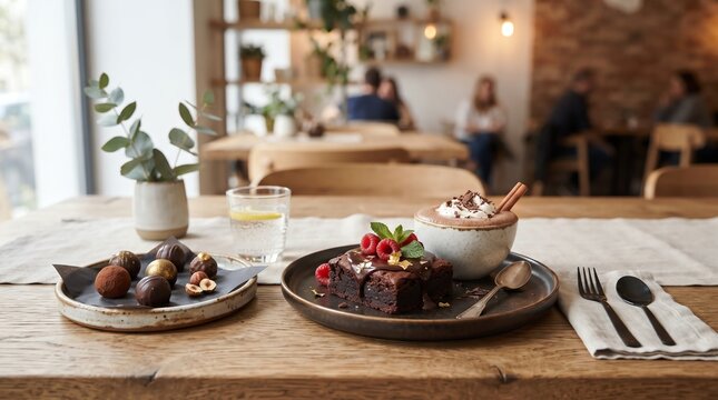 Indulgent chocolate dessert platter with fresh raspberries and hot cocoa served on a rustic wooden table in a cozy cafe setting