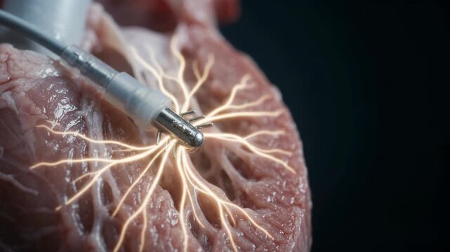 Macro video of medical electrode placement on heart tissue for cardiac procedure