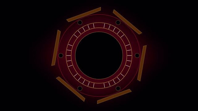 Futuristic dark red mechanical circular reactor HUD interface with rotating digital segments for sci-fi motion graphics 4K animation, alpha chanel