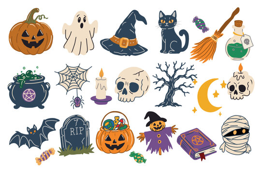 Hand drawn set of halloween elements includes ghost, pumpkins, skulls, spider, broom stick, magic potion, spelling book, bat, perfect for spooky season design.