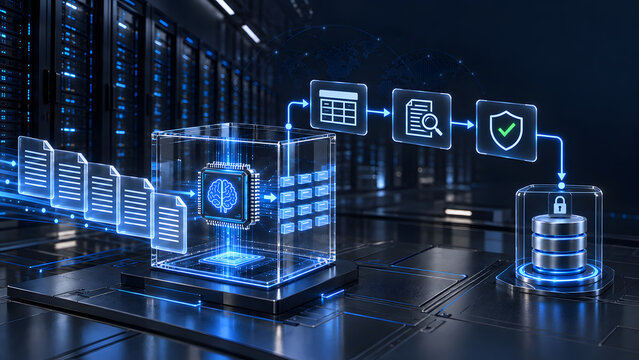 AI powered data processing and security workflow with digital brain chip files database and server racks in futuristic technology environment