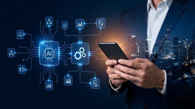 Businessman using smartphone with glowing AI chip and digital network connecting icons for data analysis automation and cloud services against a cityscape background.