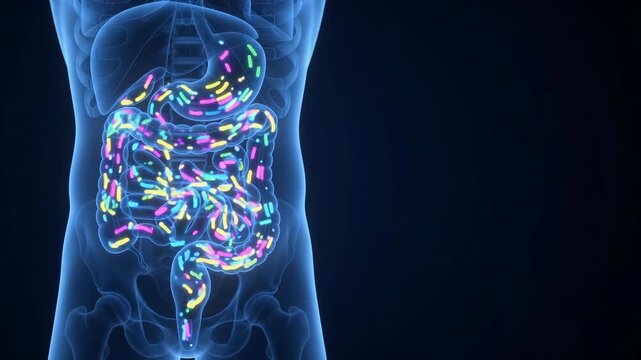 Medical 3D animation of the human digestive system showing blue x-ray style holographic scan of stomach and intestines.