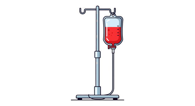 Medical iv drip stand with red fluid bag on white background