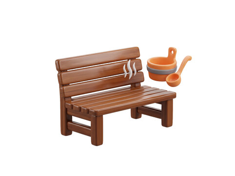 Sauna concept showing a glossy brown wooden sauna bench with small rising white steam wave lines beside a floating orange water bucket and ladle, representing warmth, detox, and the restorative ritual
