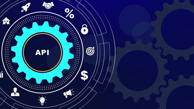 Dynamic api integration concept with rotating digital gear mechanism and business for modern software development, cloud computing, data connectivity, and advanced technological infrastructure