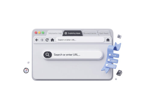 Web browser concept illustrating a browser window with multiple open tabs, a search bar with a magnifying glass icon, and a bookmark ribbon floating beside it, symbolizing exploration, information