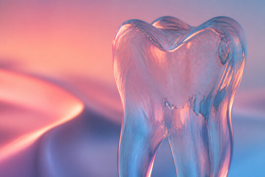 A close-up, stylized rendering of a human molar tooth against a soft, colorful gradient background.