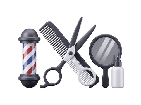 Hair salon and barbershop concept showing a pair of scissors crossed over a comb, a spinning barber pole, and a round hand mirror beside a small spray bottle, representing style, precision, and