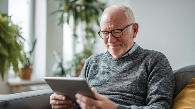 Senior Man Relaxing at Home Using Digital Tablet