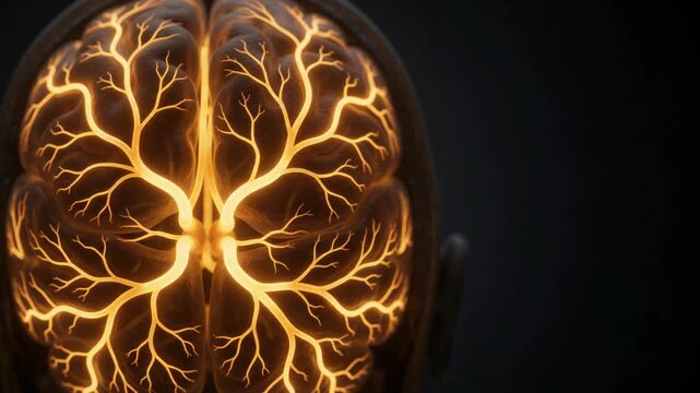CGI animation of glowing neural pathways across a human brain, illustrating brain activity and neurological processes on a dark background.