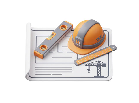 Architecture and construction concept showing a blueprint sheet showing neat grey placeholder lines with a small ruler resting on top, a hard hat beside a level tool, and a building crane silhouette