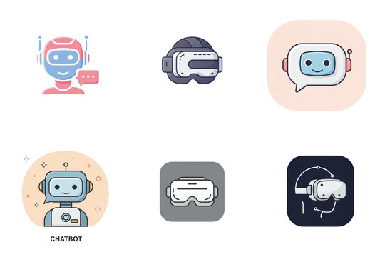 Set of chatbot and virtual reality icons isolated on transparent background