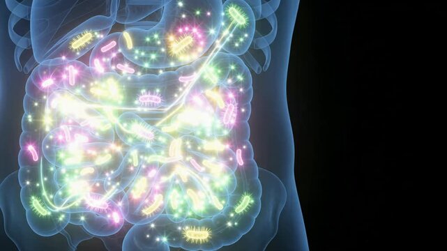 3D animation of colorful probiotic bacteria moving through the human intestinal tract, medical visualization.