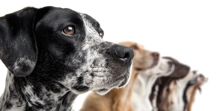 A lineup of attentive hunting dogs with alert expressions poses against a plain white background.